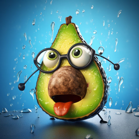 the quirky avocado with large eyes and glasses stands out against the vibrant blue backdrop, adding a fun touch to the scene. the broken avocado's expressive features capture attention, making it a unique and amusing subject for a playful and whimsical photograph. ai generatedの素材