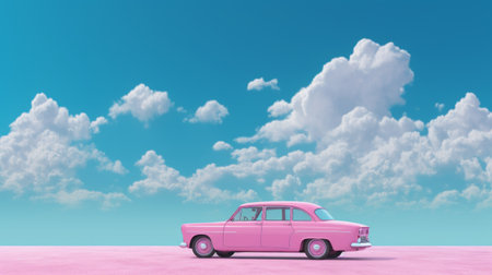 the wallpaper features a vibrant bright pink car set against a clear, vivid blue sky, creating a striking contrast. the close-up shot captures the car's details sharply, against an open landscape with no clouds in sight. the high-resolution image beautifully portrays the car and the sky in a captivating composition. ai generatedの素材