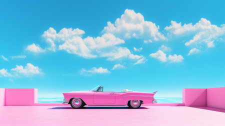 a vibrant horizontal wallpaper featuring a bright pink car inspired by movie aesthetics. the close-up shot captures the car against a clear, vivid blue sky and expansive landscape. the high-resolution image showcases intricate details of the scene, creating a visually striking and captivating view for any viewer. sky, car, landscape, wallpaper, movie, pink, blue, clear, high resolution, detailed, vibrant. ai generatedの素材