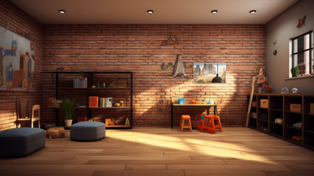 the empty playroom and living area with a modern design features a stylish brick wall background, creating a contemporary and spacious atmosphere. with its minimalist decor and ample natural light, this room provides a versatile space for relaxation and play. ai generatedの素材