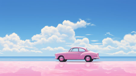 the wallpaper features a bright pink car against a clear blue sky backdrop, showcasing a high-resolution close-up of the vehicle in an expansive landscape setting. ideal for adding a pop of color to your space, this wallpaper captures the essence of a sunny day drive with its vivid hues and detailed imagery. ai generatedの素材