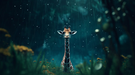 cave with a felt stop-motion giraffe in the rain in an indonesia forest storm. captured in 4k with a shallow depth of field, showcasing dark navy forest hues. hemp, night, navy, blue, and low saturation add a mysterious and tranquil atmosphere to the image. ai generatedの素材