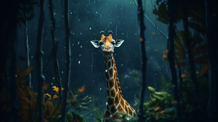 in a dark navy forest in indonesia, a stop-motion giraffe made of felt stands in the rain, captured in stunning 4k resolution. the scene conveys a sense of mystery as the storm rages on, with a shallow depth of field highlighting the intricate details of the hemp materials used. ai generatedの素材
