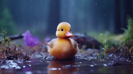 the forest setting in the united states captures a stop-motion duck amidst a rainstorm. shot in 4k, the scene features a dark violet forest with wool textures adding depth. the atmosphere is enhanced by the subtle blend of violet and blue hues, creating a mesmerizing and low-saturation visual impact. ai generatedの素材