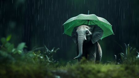 meadow with a felt stop-motion elephant in the rain captured in a spanish forest storm. the 4k image showcases a shallow depth of field, with a dark green forest setting. organza elements add texture, while the scene is enhanced by a night setting with shades of green and hints of blue, creating a low saturation effect. ai generatedの素材