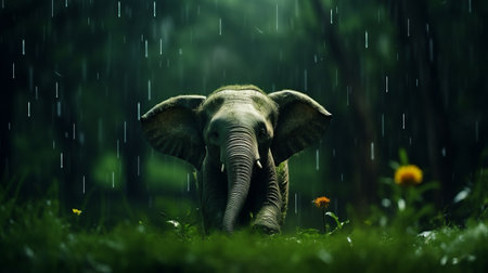 meadow features a felt stop-motion elephant under pouring rain in a spanish forest storm. this high-quality 4k image showcases a shallow depth of field, with a dark green forest setting creating a moody atmosphere. the use of organza fabric adds texture to the scene, with hints of green, blue, and low saturation, capturing a mystical night vibe. ai generatedの素材