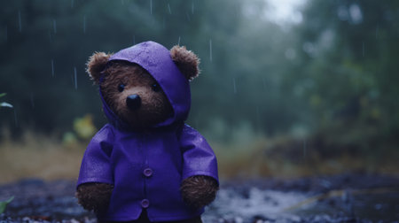 valley captured in the united kingdom forest storm. a felt stop-motion bear braving the rain in 4k resolution. the scene features a shallow depth of field, with a dark purple forest setting, highlighted by fleece. the nighttime ambiance includes shades of purple and a hint of blue, all in low saturation. ai generatedの素材