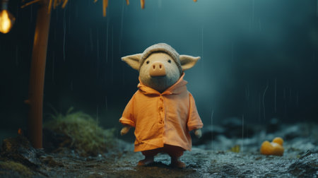 a felt stop-motion pig stands in the rain near a volcano in a bangladesh forest storm. the photo, captured in 4k resolution, features a shallow depth of field with a dark cream forest backdrop. silk textures and a hint of blue add a touch of mystery in the low saturation night setting. ai generatedの素材