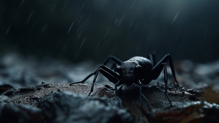 dune cricket in the rain in a nigeria forest storm captured in 4k resolution. the felt stop-motion creature stands out in the dark, black forest setting. the use of spandex fabric adds texture to the scene, with a hint of blue creating a low saturation effect, enhancing the mysterious and atmospheric feel of the image. ai generatedの素材