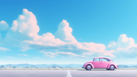 the abstract wallpaper features a vibrant pink car against a clear blue sky, creating a striking contrast. the close-up shot captures the car in high resolution detail, set against an open landscape without clouds. this horizontal wallpaper embodies a modern and colorful aesthetic, perfect for adding a bold pop of color to any space. ai generatedの素材