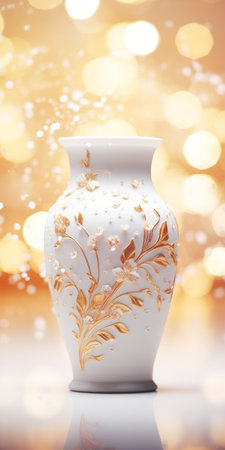 ceramic vase with floral pattern dances with glitters on a white background. achieve hyper-realism and high detail using a 50mm macro focus to capture intricate features. ai generatedの素材