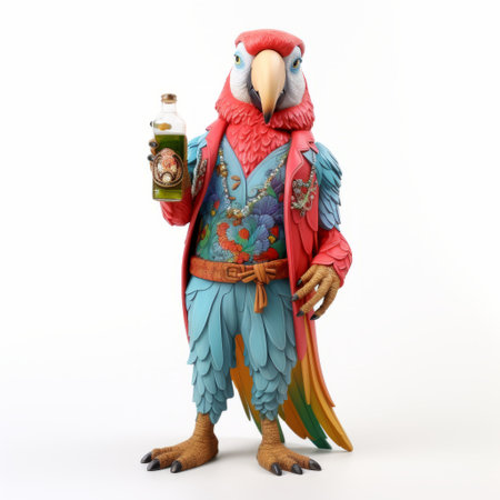3d parrot with vibrant colors and intricate details, showcasing high-quality fashion and a czech pilsner in a full-body pose. the imagery is set against a clean white background, enhancing the visual appeal and focus on the unique elements. the combination seamlessly integrates artistry, style, and culture in a captivating composition. ai generatedの素材