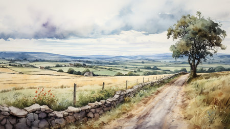 this countryside landscape showcases a serene road cutting through the scene, devoid of any people. the watercolors used to create this picturesque image bring out the calming and natural beauty of the countryside. ai generatedの素材