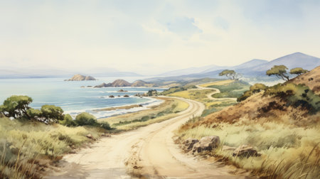 coastal landscape featuring a road cutting through, devoid of people, painted in vibrant watercolors. the scenic view captures the essence of a serene environment, blending the elements of the coast with the charm of an empty road, all brought to life with the soft hues of watercolor artistry. ai generatedの素材