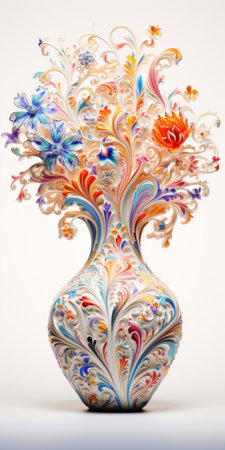 this photo features a ceramic vase adorned with a floral pattern set against a pristine white backdrop. glitter accents elevate the visual impact, creating a captivating hyper-realistic effect. the image exhibits intricate details, made possible by utilizing a 50mm macro focus lens, resulting in a mesmerizing fusion of artistry and precision. ai generatedの素材