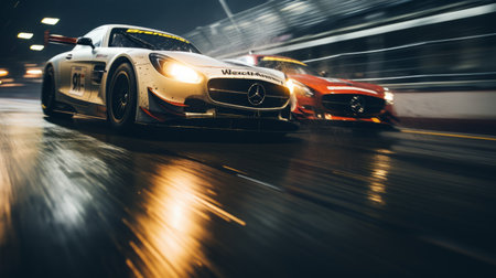 two vintage 1990 mercedes-benz amg gt cars engage in a fierce race on a slightly wet track, sparks flying underneath them. the drivers lock eyes as they push their vehicles to the limit. this cinematic shot captures the intense competition, with reflections on the cars adding to the drama. shot on grainy medium format kodak portra 800 film with a smc takumar 105mm f/2.8 lens.の素材
