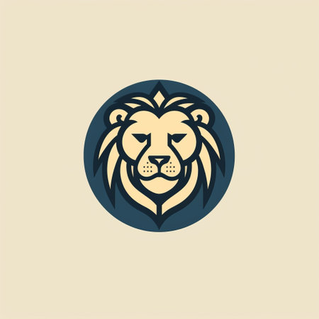 a lion emblem, minimalist illustrator style, on a beige background. dark navy and light cyan colors enhance the detailed character illustrations. precisionist lines and shapes create a visually appealing design. this website emphasizes facial expressions and incorporates circular shapes for added impact. ai generatedの素材