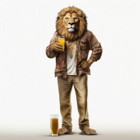 a 3d lion model showcasing high-quality fashion style pairs perfectly with an american pale ale bottle. the realistic full-body lion design pops against a clean white background, emphasizing its intricate details. perfect for promoting luxury brands, fashion trends, or craft beer selections. ai generatedの素材