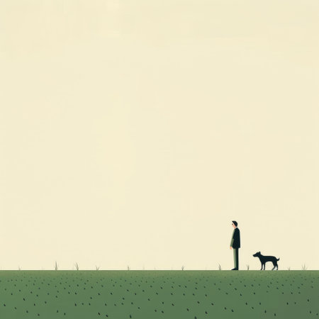 a man walks in a field with his dog, holding a balloon. this photo captures the essence of alessandro gottardo's political illustration style and victor pasmore's use of red and green. it combines conceptual street art with a tender depiction of nature, featuring simplified dog figures. ai generatedの素材