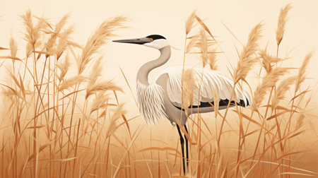 a bird standing gracefully amidst tall grass, depicted in a highly detailed illustration style with flat shading. the color palette consists of shades of gray and amber, creating a romantic and dramatic landscape. the composition incorporates elements of egyptian iconography, adding a touch of mystique. this editorial illustration showcases a serene scene in white and gray tones. ai generatedの素材
