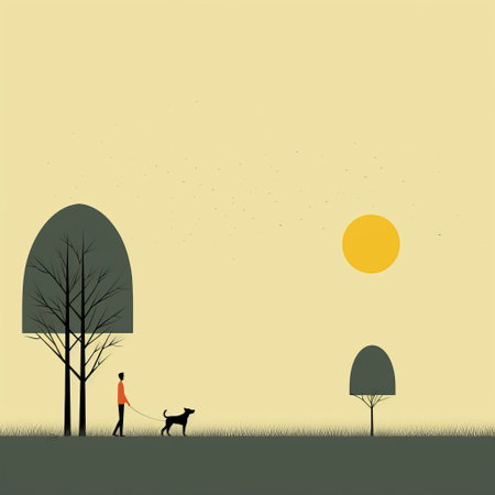 a man walks his dog under the sun, set against a black and white background. this artwork captures the essence of naive and childlike art, with minimalist landscapes in shades of yellow and red. the forestpunk theme adds an illustrative touch to this precisionist piece, evoking a sense of serenity and harmony. ai generatedの素材