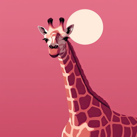 illustration of a giraffe gracefully sipping from a wine glass, showcasing a vibrant pink hue. this minimal retouching style captures the essence of national geographic photography, with dark red and pink tones creating a captivating and lively composition. the bold chromaticity adds an eye-catching element to this unique illustration. ai generatedの素材