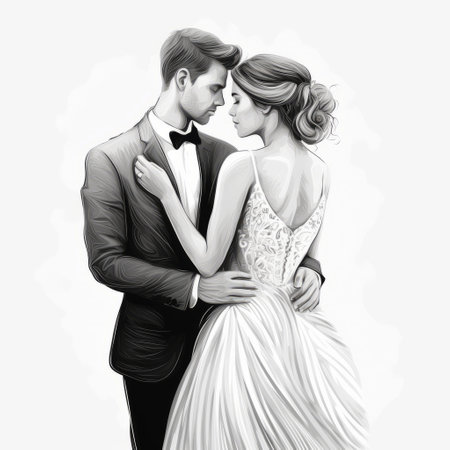 framed black and white wedding couple illustration showcases hyperrealistic compositions, featuring charming character illustrations in 32k uhd. the detailed costumes and delicate flowers enhance the realistic, ai generatedの素材