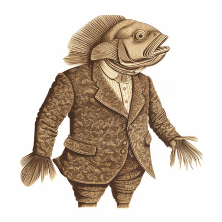 a fish, dressed in a suit and glasses, is depicted in this baroque-inspired figurative artwork. the highly detailed illustration showcases a sepia tone, with elements of silkscreening. the satirical illustrations feature sculptural costumes, adding a touch of whimsy to the overall composition. ai generatedの素材