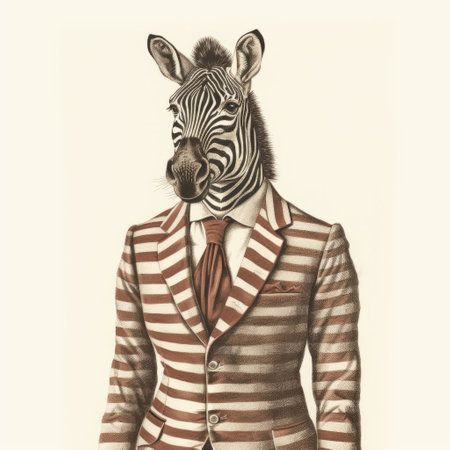 a man dressed as a zebra in a vintage graphic design-inspired suit. the photo showcases muted tones and a touch of surrealism. the style draws inspiration from the years 1860-1969, featuring hyper-realistic animal illustrations and deconstructed americana elements. the image also highlights precise nautical details and charming illustrations. ai generatedの素材