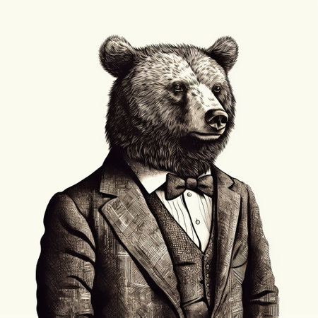 a bear in a suit and bowtie, showcasing its artistic talent, creates monochromatic portraits in the style of realistic surrealism. drawing inspiration from renowned artists such as dino valls, daniel ridgway knight, and classic portraiture, the bear's artwork also incorporates elements of roa's style and symbolic use of animals. ai generatedの素材