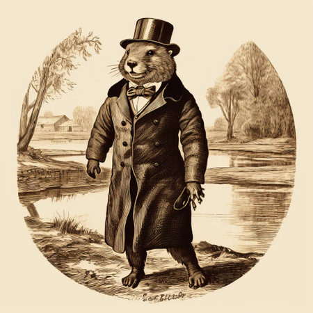 a guinea pig resembling a beaver dons a top hat and top coat, reminiscent of historical illustrations, wildlife muralism, victorian engravings, dadaist photomontage, traditional british landscapes, and stylish costume design. this handsome creature exudes charm and uniqueness in a whimsical and artistic manner. ai generatedの素材