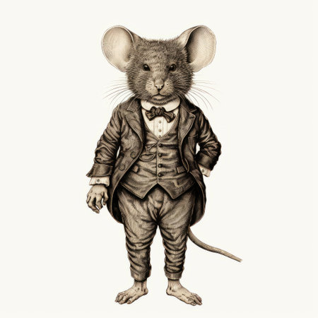 a mouse in a suit, tongue out, depicted in a 19th-century style of realistic fantasy artwork. this childlike illustration combines elements of classic academia, mono-ha, and collage-based techniques, resulting in a hyper-realistic portrayal of the animal. ai generatedの素材