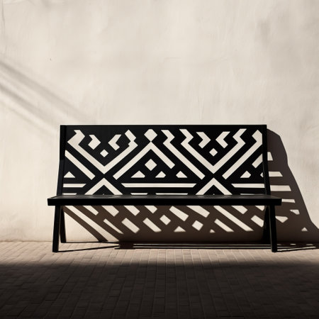 a bench is positioned against a wall, showcasing intricate geometric designs in this backlit photograph. the composition features a contrast of light white and dark black tones, reminiscent of the artistic styles of tarsila do amaral and the energetic street artist dau al set. the image also evokes the futuristic aesthetics of matti suuronen. ai generatedの素材