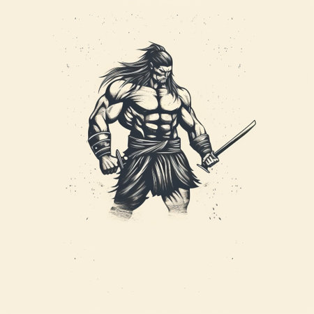 a cartoon figure with two swords stands in a vintage poster design style. the figure, titled s ramanul, is depicted in stark black and white with rough hewn surfaces. the artwork draws inspiration from hercules seghers and showcases subtle ink application. the design also includes a logo and realistic usage of light and color. ai generatedの素材