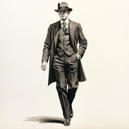 jake avalon, portrayed in a monochromatic realism style, exudes a nostalgic aura in this highly detailed illustration. the artist's focus on realist fine details brings out the streamline elegance of jake's suit. the use of ink wash painting techniques adds depth and texture to this captivating manapunk-inspired artwork. ai generatedの素材