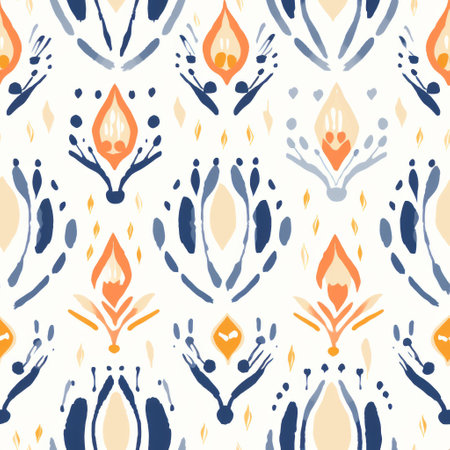 a blue and orange floral pattern featuring a tribal abstraction style with a blue leaf and yellow flowers. this serene watercolor design combines light beige and navy tones, creating a minimalist textile with folk-inspired illustrations. the flowing textures of this wallpaper add a touch of elegance to any space. ai generatedの素材