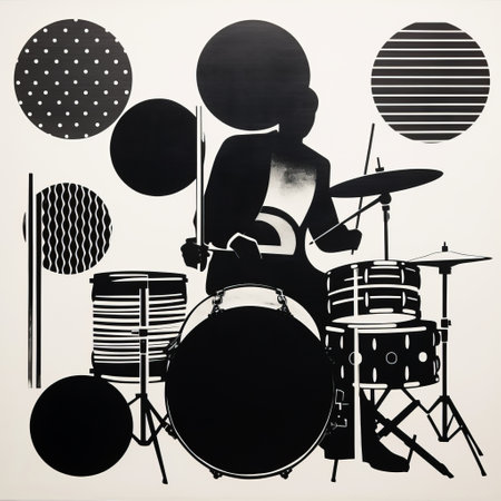 a man drumming with a ball stick in black and white, captured in the style of pop art silkscreening. this abstract minimalism appreciator showcases monumental ink paintings and iconic rock and roll imagery. the image features circular shapes and hints of mcdonaldpunk, creating a monumental ensemble. ai generatedの素材