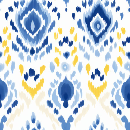 blue, white, yellow, and black ikat fabric by lily_on_sofia on spoonflower custom fabric. this watercolor-inspired illustration style features broad palette knife marks and eastern-inspired motifs. the fabric showcases a combination of light yellow and dark blue, with a resolution of 3840x2160. perfect for adding a touch of mediterranean landscapes and meticulous design to any project. ai generatedの素材