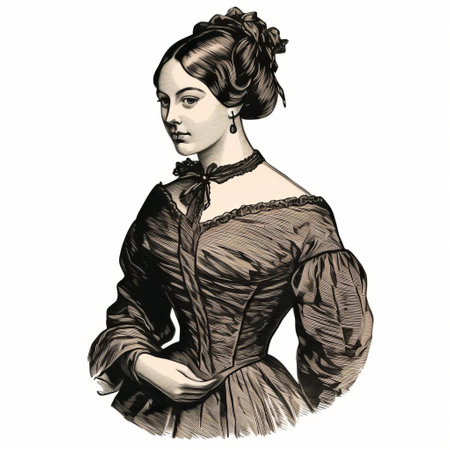 portrait of a girl with a short haircut wearing an early 19th-century rispension gown. the artwork, created by alfred kelsner, resembles detailed ink illustrations and has been digitally enhanced. the emphasis is on the girl's facial expression, which exudes elegance and captivates the viewer. this illustration beautifully captures her captivating gaze. ai generatedの素材