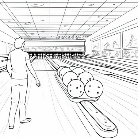 a monochromatic contemplation of a bowling alley coloring page, depicted in a tlf vector line drawing style reminiscent of a playstation 5 screenshot. this hyperrealistic and photorealistic artwork captures candid moments with dynamic lighting, showcasing the artist's aurorapunk influence and non-representational approach. ai generatedの素材