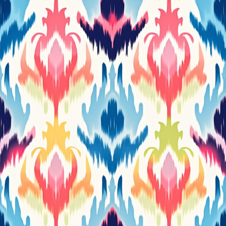 white and multicolored ikat pattern fabric by olgav on spoonflower custom fabric. this fabric showcases a vibrant fusion of fauvist chromatics and tropical baroque styles. featuring a combination of light crimson and dark blue hues, it incorporates polish folklore motifs with soft color blending. the layered texture adds depth to the design, while the light yellow and dark cyan tones create a captivating visual contrast.の素材