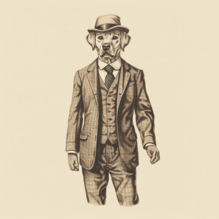 a dog wearing a tie is depicted in this vintage-inspired sepia-toned vector art. the detailed costumes and realistic human figures are reminiscent of the bloomsbury group. the artwork features cross-hatching techniques and showcases elegant and surreal animal hybrids. ai generatedの素材