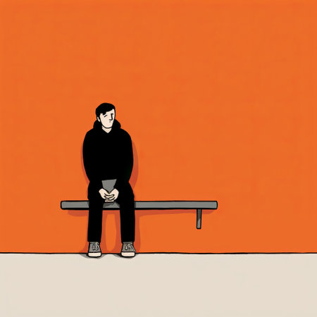 a man sits on a bench in this art illustration by khloe koontz. inspired by the style of orange and black, the image exudes a sense of stark minimalism. with influences from marjane satrapi, the artwork captures emotional sensitivity. this genderless depiction can be found on flickr, showcasing the artist's unique perspective. keywords: khloe koontz, art illustration, man, bench, orange and black, stark minimalism, marjaneの素材