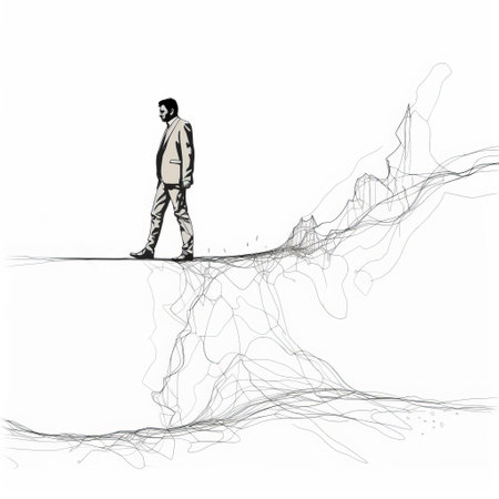 a man stands on a bridge, surrounded by a crumpled, white background. in the style of aggressive digital illustration, a line drawing of a trail is depicted. the high horizon lines and wire-like elements create a unique visual effect. the illustration captures psychological phenomena and evokes a sense of pensive stillness. ai generatedの素材