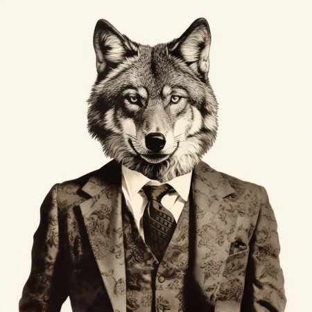 a wolf, in a postmodern photomontage style, is depicted wearing a suit and tie. the portrait showcases elements of golden age illustrations, sepia tone, intricate black and white illustrations, and editorial illustrations. the image is captured using a leica r3 camera, resulting in a visually striking and unique illustration. ai generatedの素材