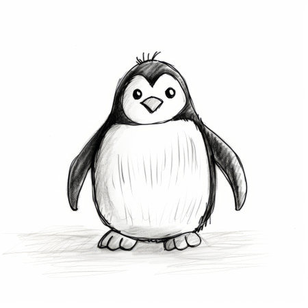 a pencil drawing of penguins in a rough-edged 2d animation style. the drawing showcases cute and quirky penguins with raw character. the use of light white and light black adds depth to the image. digitally enhanced, the drawing features full-body illustrations of the penguins. ai generatedの素材