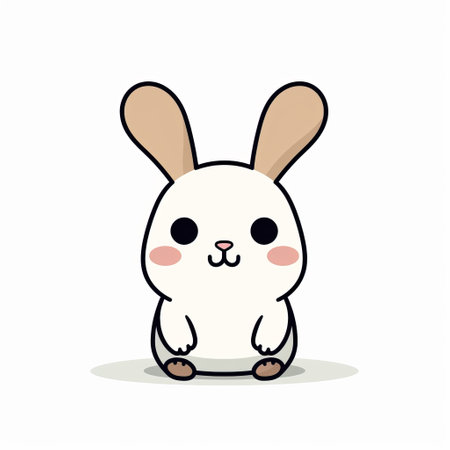 a cartoon rabbit, in the style of kawaii art, is depicted sitting down on a white background. the artwork features a combination of dark white and light beige colors, with heavy lines outlining the rabbit's features. this minimalist portrait showcases the rabbit's adorable charm, while the cartoon mis-en-scene adds a playful touch to the overall composition. ai generatedの素材