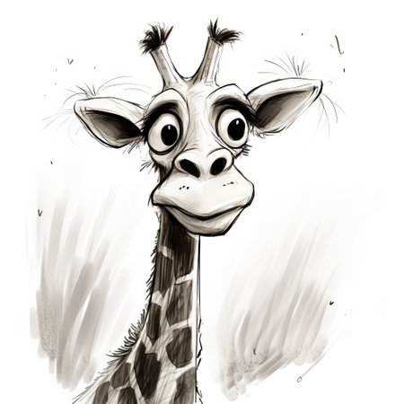 a black and white drawing of a giraffe with detailed character expressions. the cartoonish character design showcases whimsical children's book illustrator style. the wet-on-wet blending technique adds depth to the image, while the caricature faces and rough-edged 2d animation give it a unique charm. the giraffe's shiny eyes bring life to the artwork. ai generatedの素材