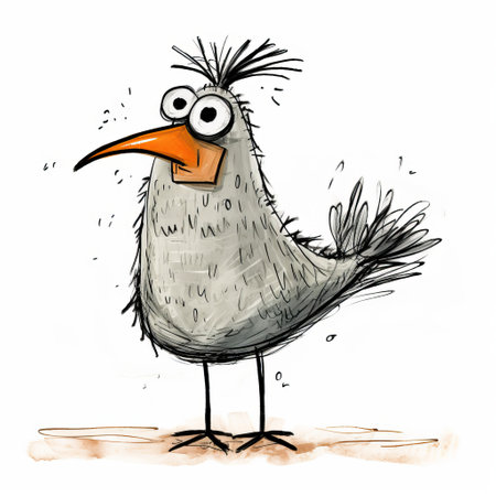 illustration of a naturalistic bird portrait with a humorous caricature twist. the artwork features light orange and gray tones, quirky expressions, and rough textures. created in the whimsical style of a children's book illustrator, this illustration captures the essence of a caricature-like bird character. ai generatedの素材
