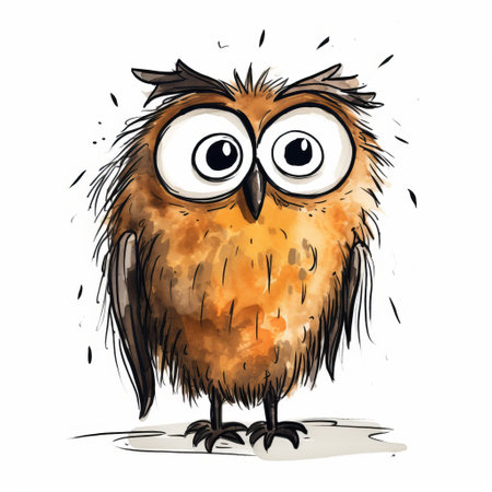 a funny cartoon owl is depicted on a white background in the style of modern european ink painting. the owl is portrayed with a combination of light orange and dark bronze colors, showcasing varied brushwork techniques. this artwork, created by stephen shortridge, features character caricatures reminiscent of florian nicolle's style. enjoy this high-definition image. ai generatedの素材